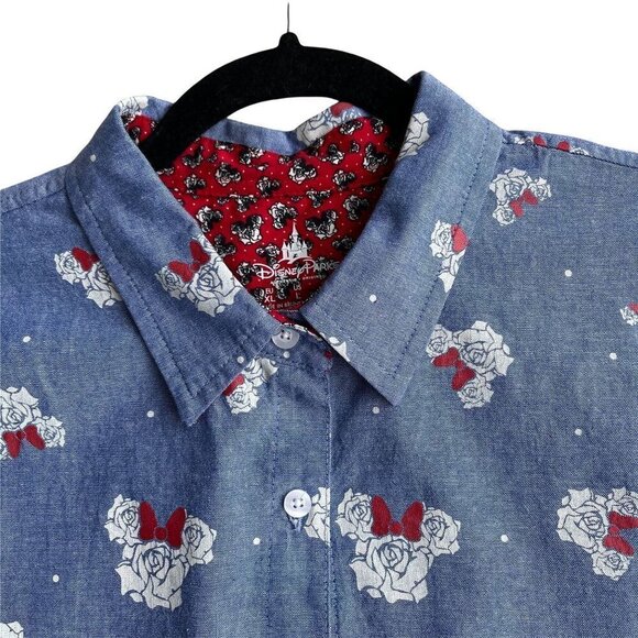 Disney Parks Rose Print Button Up Minnie Mouse Shirt Size L 100% Cotton - Picture 4 of 6